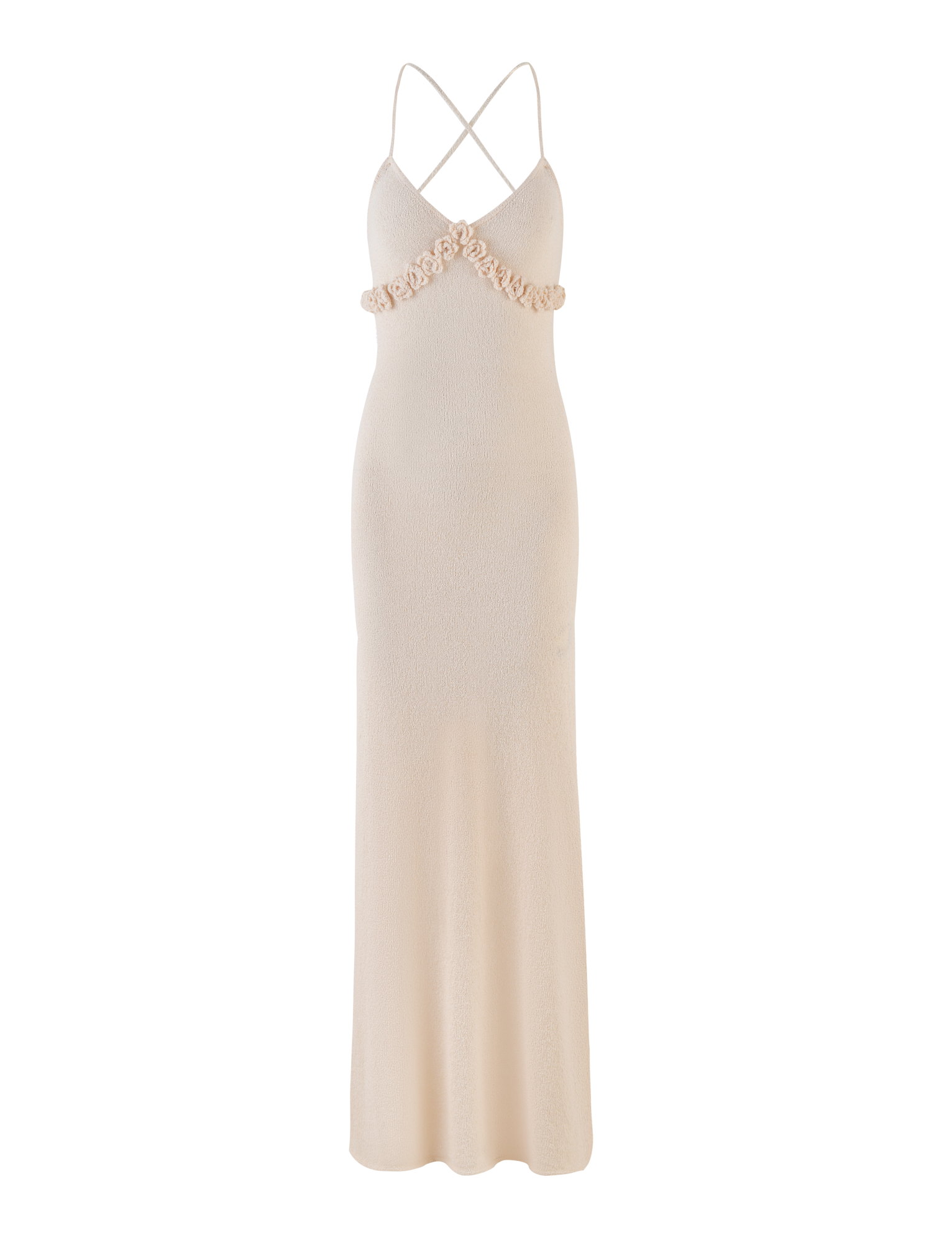 The TIGERMIST LAVELLE MAXI DRESS in Cream is a floor-length, sleeveless knit dress with thin criss cross straps, v-neckline, floral embellishments at the bust, open back, fitted bodice, and gently flared skirt for an elegant look.