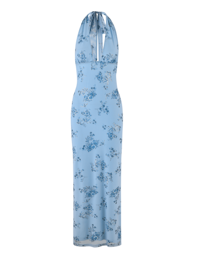 The TIGERMIST PHAEDRA MAXI DRESS in blue floral features a fitted bodice, halter neck, and flowy maxi silhouette with darker blue floral prints for an elegant look.