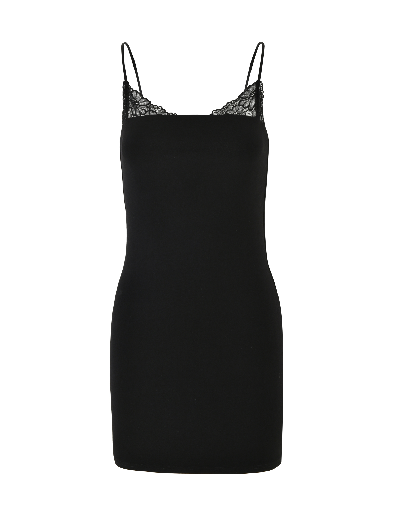 The FAELINA MINI DRESS by TIGERMIST is a sleeveless black jersey mini dress featuring adjustable spaghetti straps and lace-trimmed neckline, shown against a plain white background.