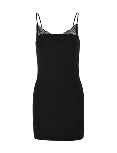 The FAELINA MINI DRESS by TIGERMIST is a sleeveless black jersey mini dress featuring adjustable spaghetti straps and lace-trimmed neckline, shown against a plain white background.