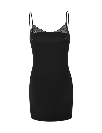 The FAELINA MINI DRESS by TIGERMIST is a black mini dress with adjustable spaghetti straps and lace-trimmed neckline, shown on a plain white background.