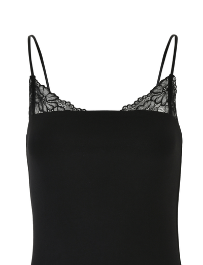 The FAELINA MINI DRESS by TIGERMIST is a black dress featuring thin, adjustable straps and lace neckline detailing, displayed against a plain white background.