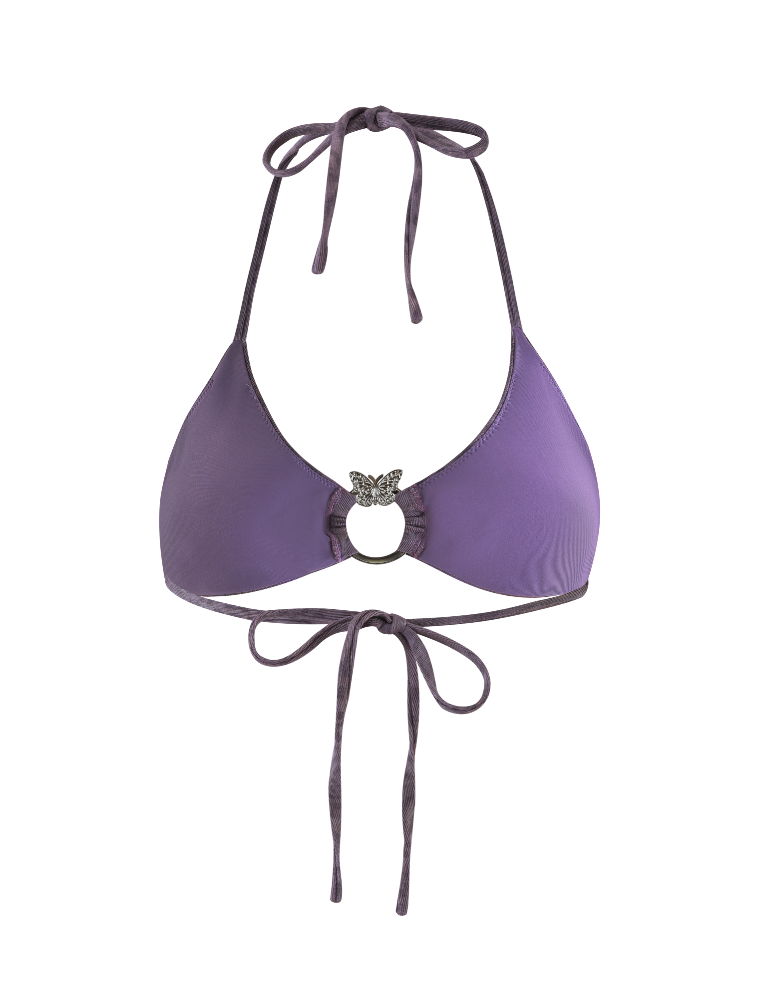The JESSALYN BIKINI TOP - PURPLE TIGER by TIGERMIST is a purple triangle bikini top with neck and back ties, finished with a small silver butterfly pendant at the center.