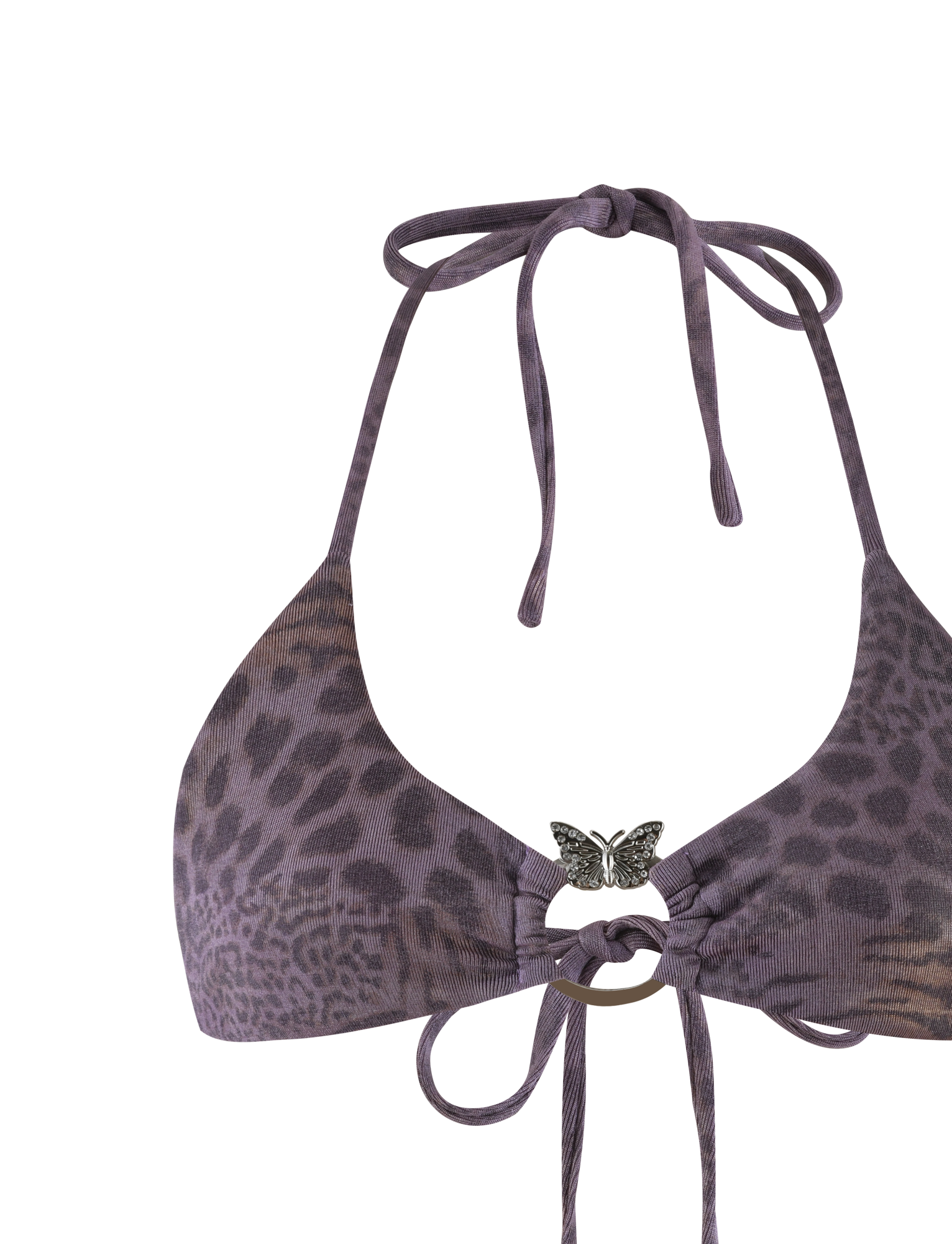 The JESSALYN BIKINI TOP by TIGERMIST features a purple tiger print, halter neck ties, and a silver butterfly pendant detail between the cups.