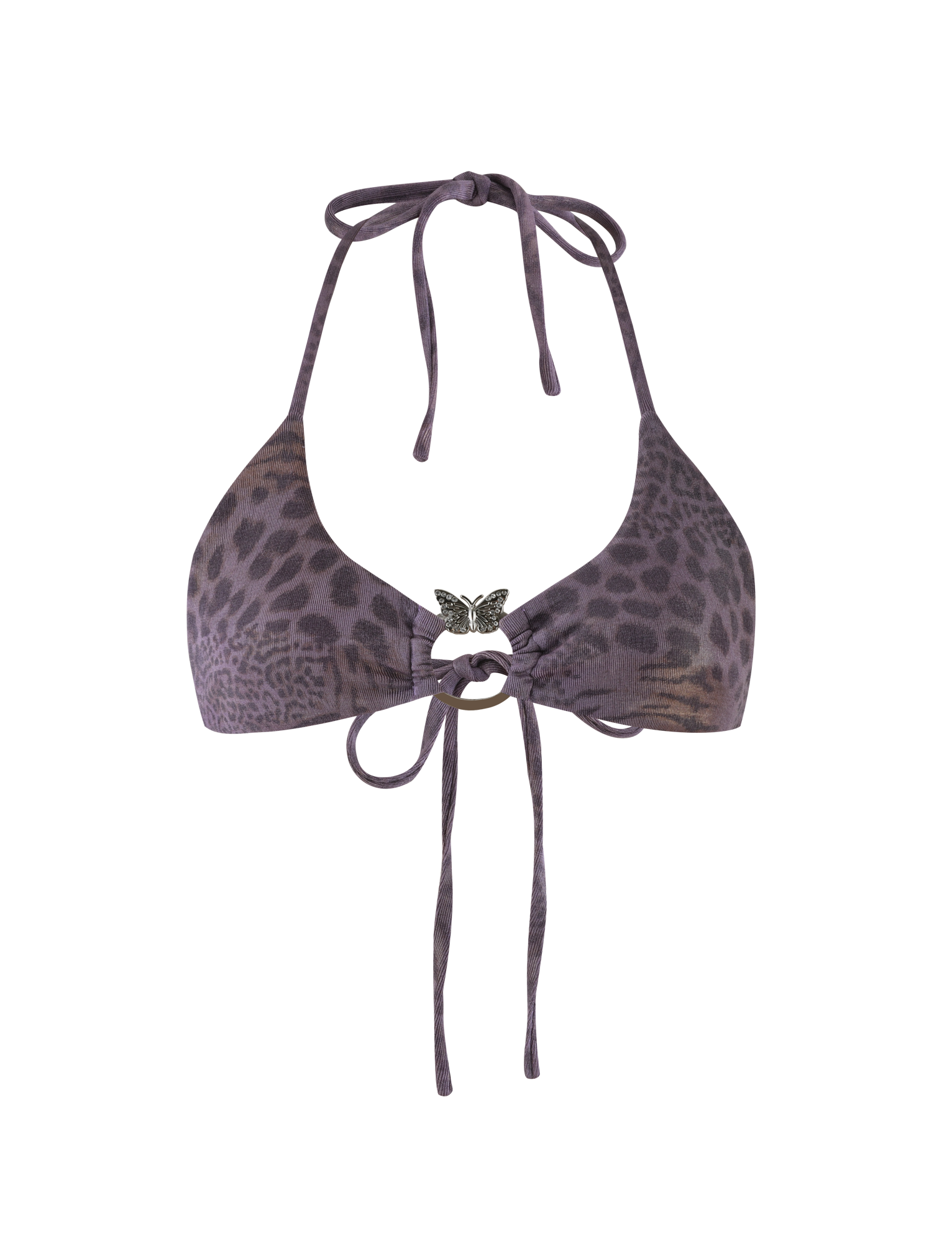 The TIGERMIST JESSALYN BIKINI TOP - PURPLE TIGER is a purple and black animal print triangle top with halter neck, front tie straps, and a silver butterfly pendant at the center.