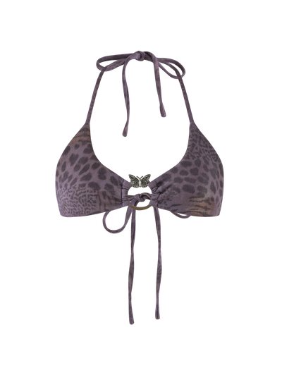 The TIGERMIST JESSALYN BIKINI TOP - PURPLE TIGER is a purple and black animal print triangle top with halter neck, front tie straps, and a silver butterfly pendant at the center.