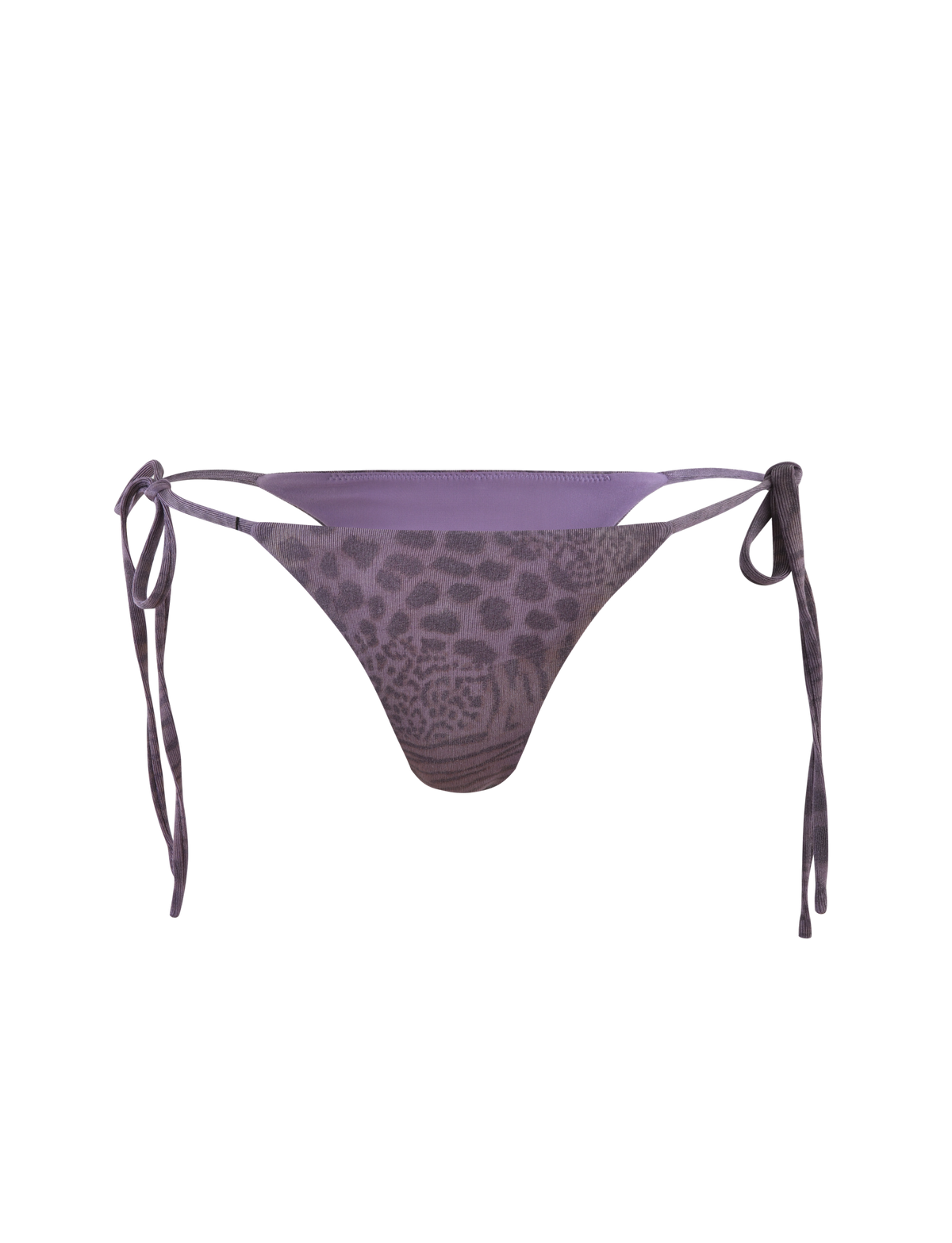 The JESSALYN BIKINI BOTTOM - PURPLE TIGER by TIGERMIST features side ties, a subtle sparkle animal print, and cheeky minimal coverage, shown on a plain background.
