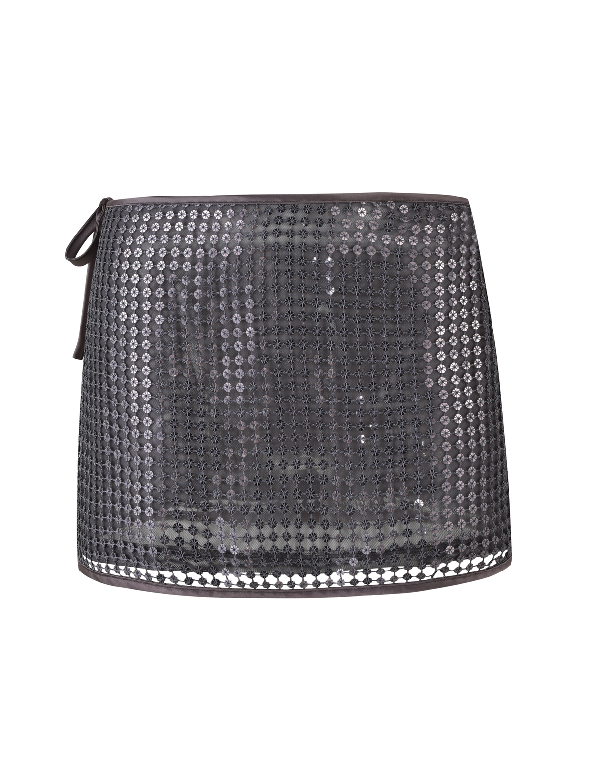 The VERENA MINI SKIRT by TIGERMIST is a steel grey mini skirt with a low rise waist, grid-patterned sequins, and a side tie at the waistband.