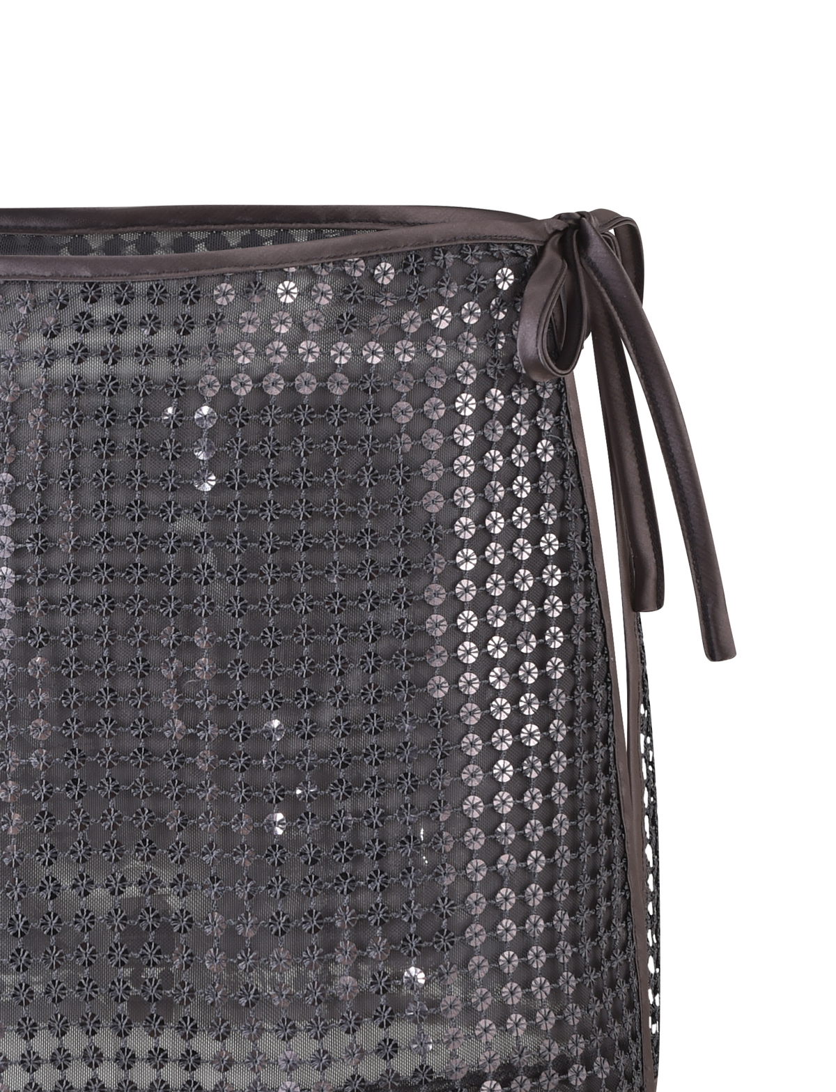 Close-up of the TIGERMIST VERENA MINI SKIRT in steel grey, featuring a dark, shiny sequined grid pattern with sequin details and a tied ribbon on the right side.