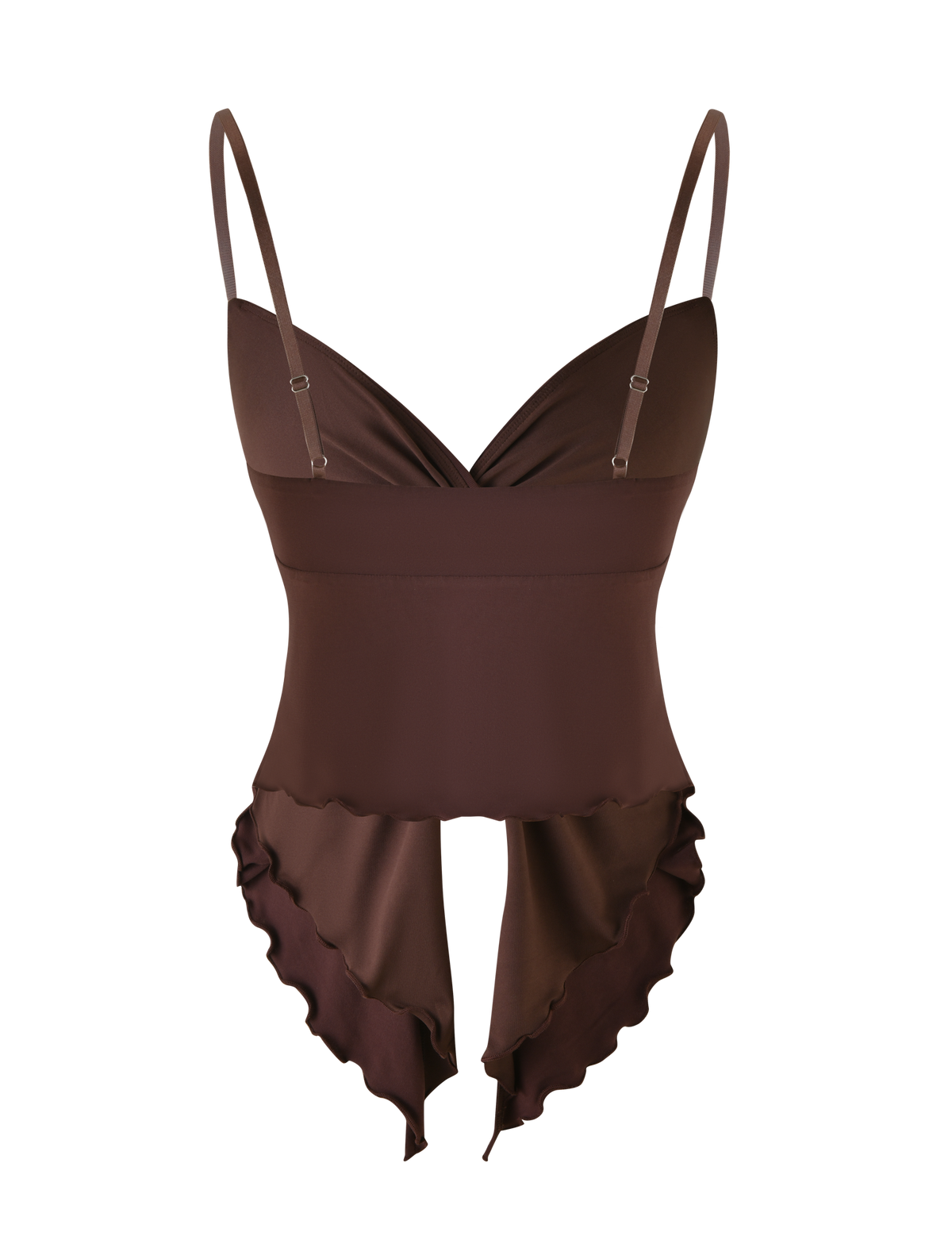 The JOVIENNE TOP - BROWN : CHOCOLATE by TIGERMIST is a chocolate brown jersey bodysuit featuring adjustable straps, a fitted waist, twist front detail, and ruffled high-cut leg openings.
