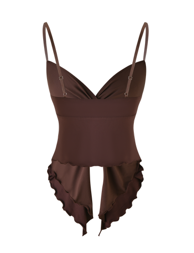 The JOVIENNE TOP - BROWN : CHOCOLATE by TIGERMIST is a chocolate brown jersey bodysuit featuring adjustable straps, a fitted waist, twist front detail, and ruffled high-cut leg openings.