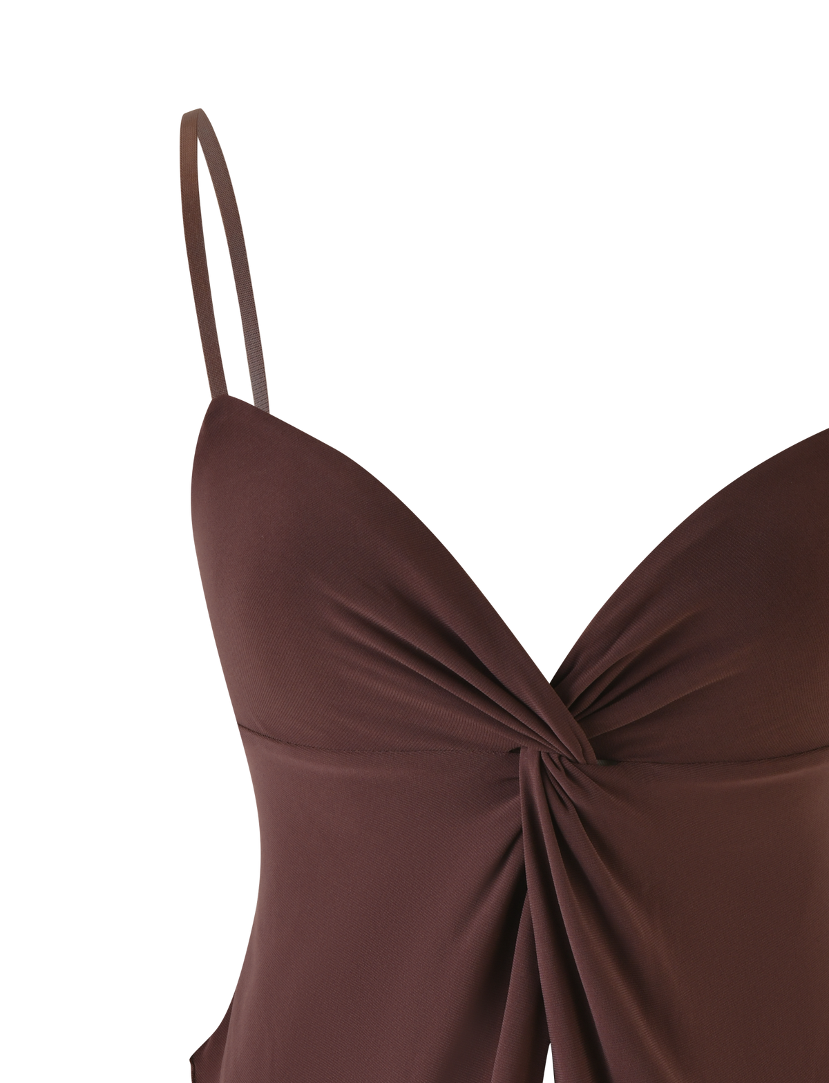 A close-up of the TIGERMIST JOVIENNE TOP - BROWN : CHOCOLATE, featuring adjustable shoulder straps and a gathered twist front detail on a chocolate brown jersey camisole.