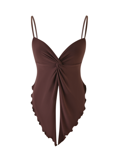 The JOVIENNE TOP - BROWN : CHOCOLATE by TIGERMIST is a chocolate brown jersey camisole with a twist-front detail, thin adjustable straps, and a handkerchief-style pointed hem.