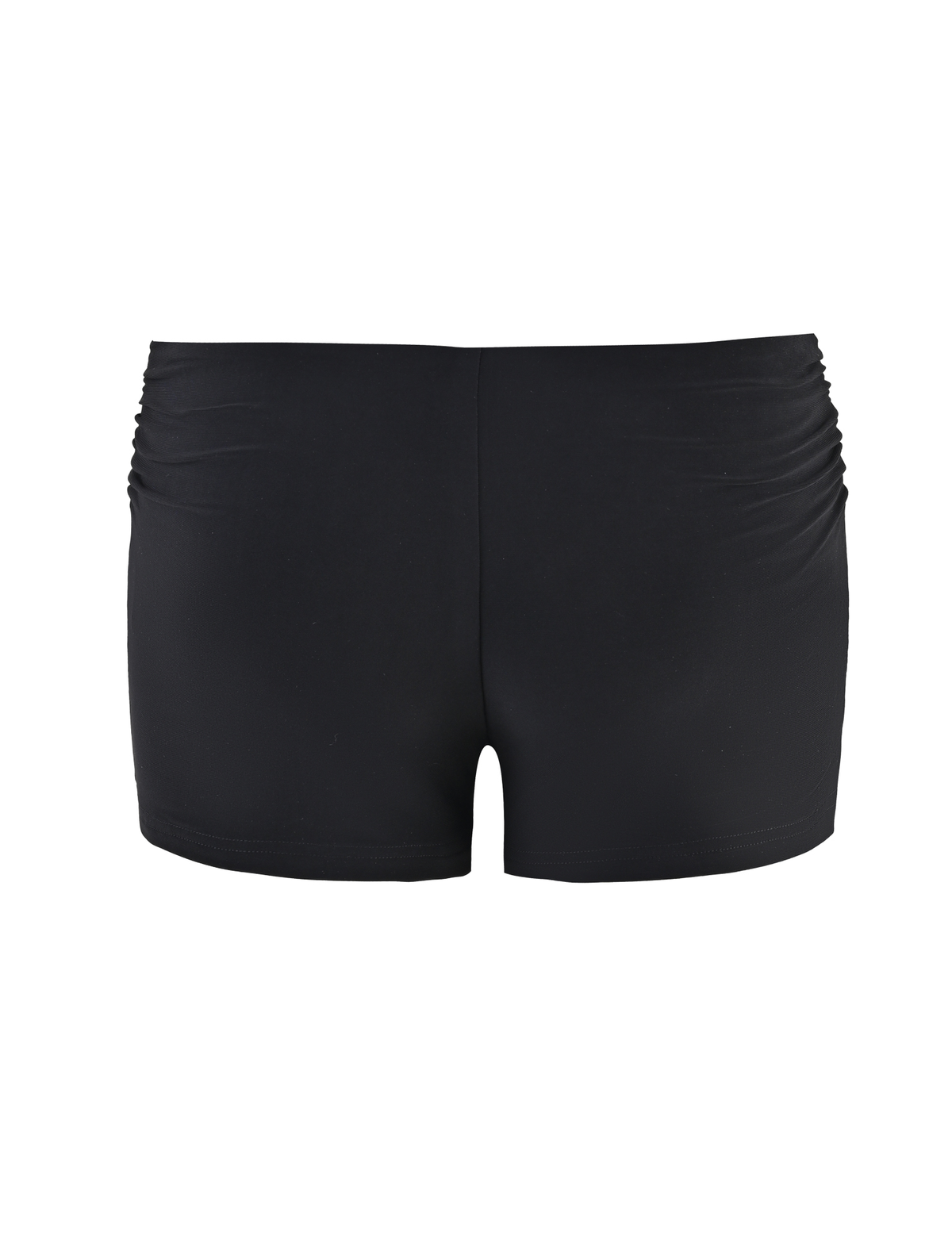 The JOVIENNE SHORT - BLACK by TIGERMIST features a mid-rise waist, subtle side ruching, and a fitted silhouette in smooth, stretchy fabric—perfect for athletic or casual wear. Shown from the back.