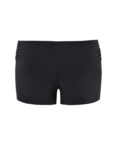 The JOVIENNE SHORT - BLACK by TIGERMIST features a mid-rise waist, subtle side ruching, and a fitted silhouette in smooth, stretchy fabric—perfect for athletic or casual wear. Shown from the back.