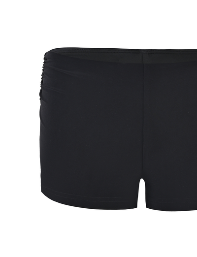 The TIGERMIST JOVIENNE SHORT - BLACK features a mid-rise waist and subtle ruched detailing on the left side, shown against a white background.