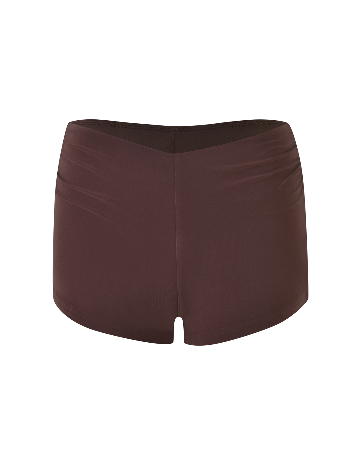 The JOVIENNE SHORT - BROWN : CHOCOLATE by TIGERMIST features chocolate brown jersey fabric, a micro mini cut, subtle seam details, and a fitted silhouette, shown against a plain white background.