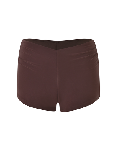 The JOVIENNE SHORT - BROWN : CHOCOLATE by TIGERMIST features chocolate brown jersey fabric, a micro mini cut, subtle seam details, and a fitted silhouette, shown against a plain white background.