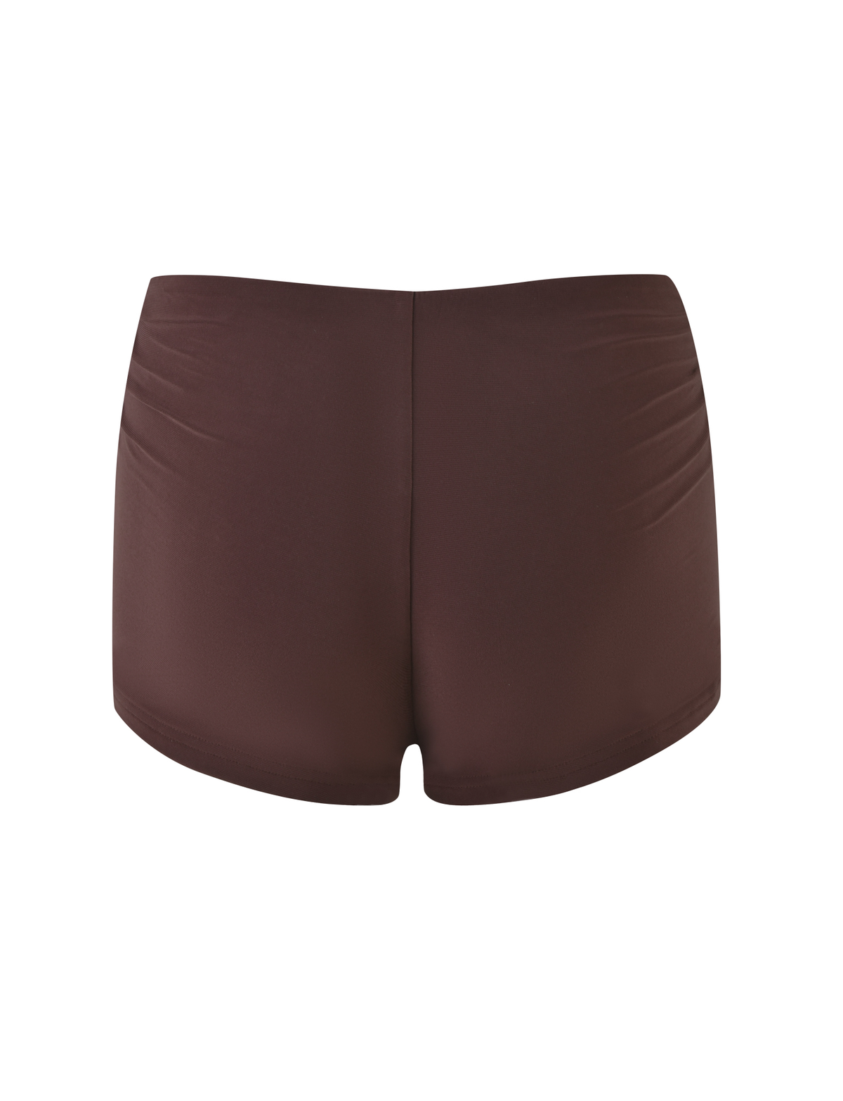 The JOVIENNE SHORT - BROWN: CHOCOLATE by TIGERMIST features chocolate brown jersey swim shorts with a mid-rise waist, smooth fabric, and subtle side ruching, shown from the back against a white background.
