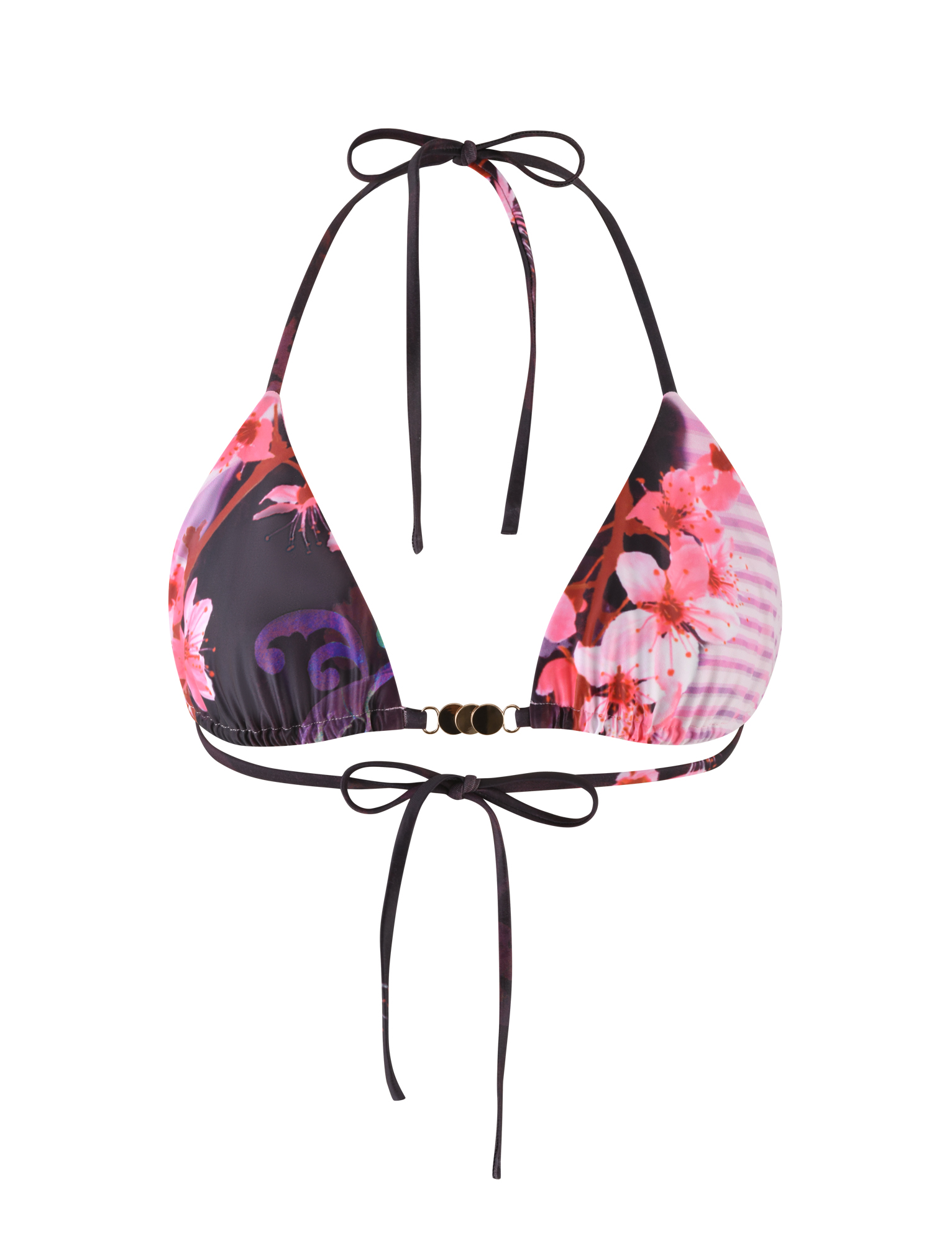 The TIGERMIST JOVANNA Bikini Top - Multi features an animal floral border print with pink and purple flowers on black, crafted from elastane. It has thin black tie straps at neck and back, and a small gold detail at the center front.