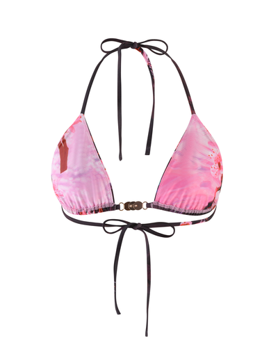 The JOVANNA BIKINI TOP - MULTI : ANIMAL : ANIMAL FLORAL BORDER by TIGERMIST is a pink and purple tie-dye triangle top with thin black neck/back ties, elastane fabric, and a gold front clasp.