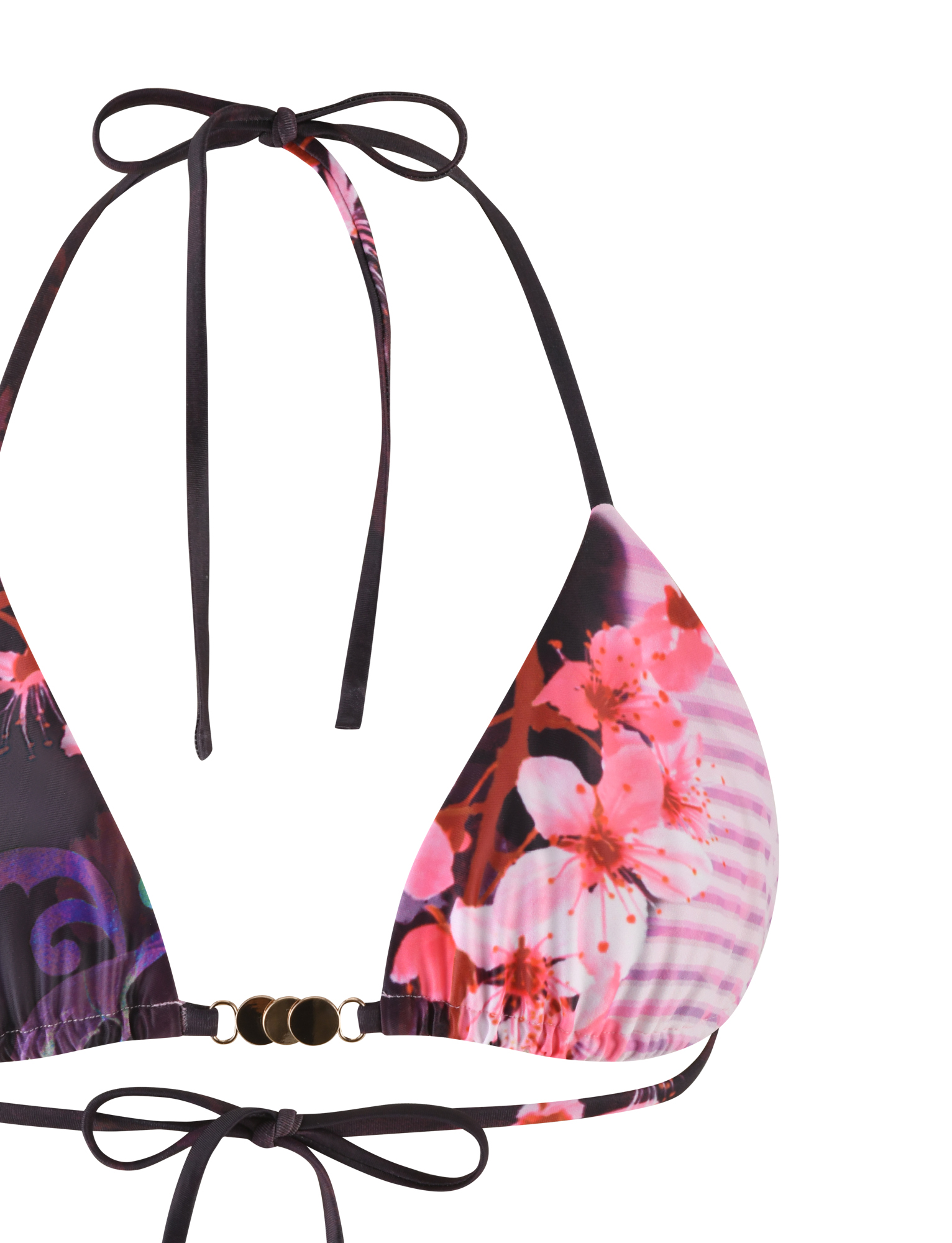 A close-up of the TIGERMIST JOVANNA Bikini Top in Multi Animal Floral Border, featuring black straps and a floral pattern, tied at the neck and back.