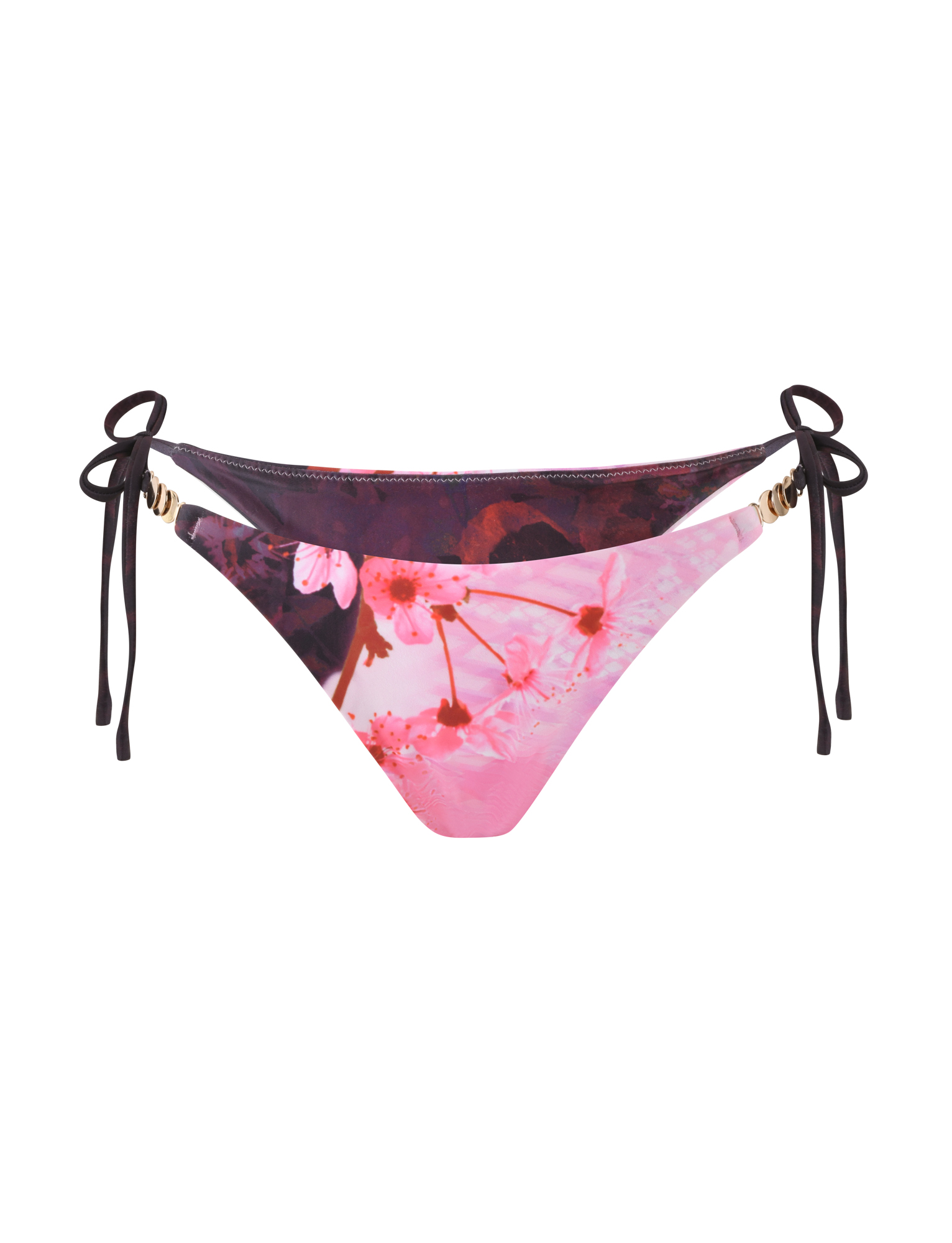 The JOVANNA BIKINI BOTTOM by TIGERMIST features an animal floral border print, a cheeky bikini cut with side ties, and gold accents near the ties.