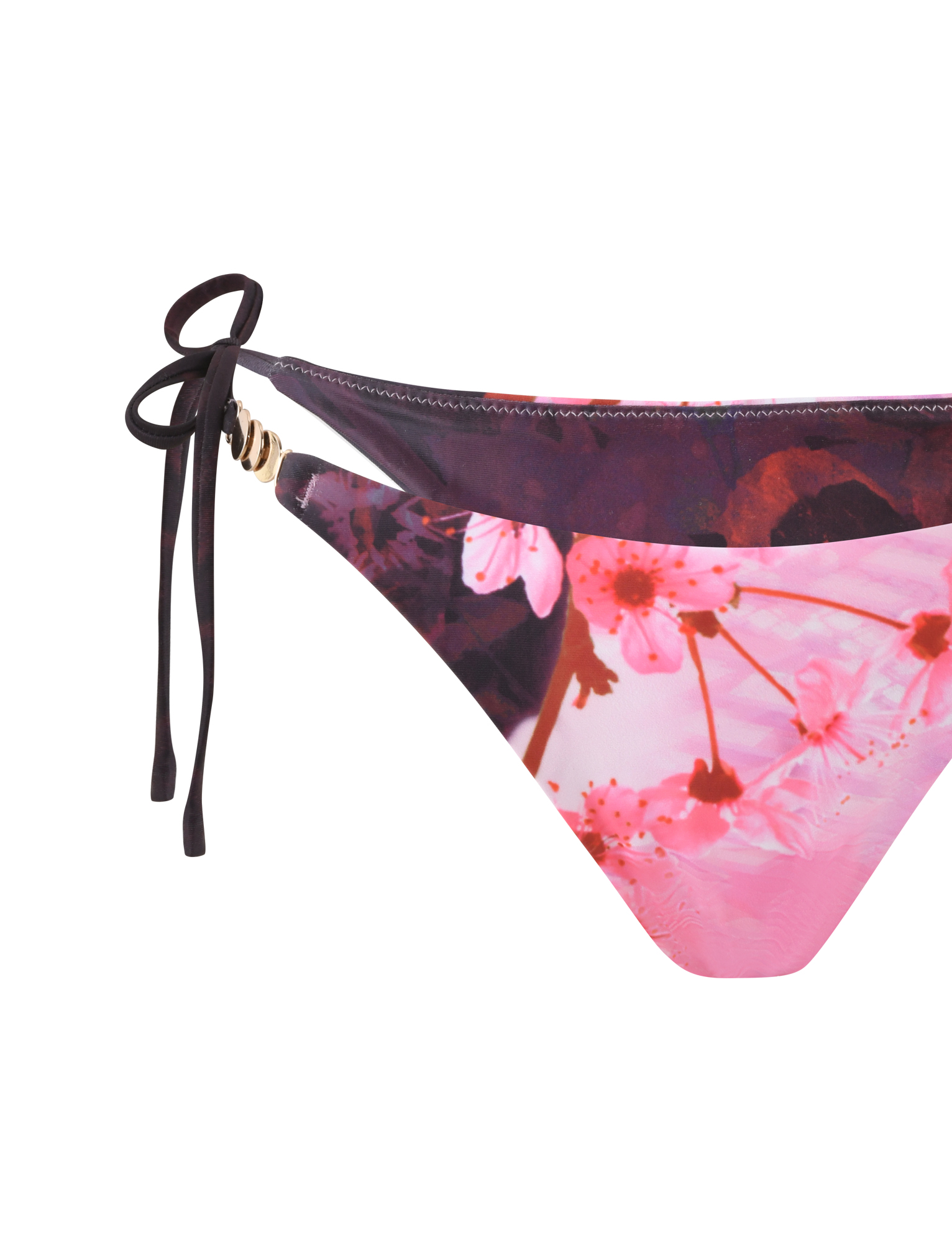 Close-up of the TIGERMIST JOVANNA BIKINI BOTTOM in multi animal floral border print, featuring a cheeky cut, side tie details, and gold ring accents on a white background.