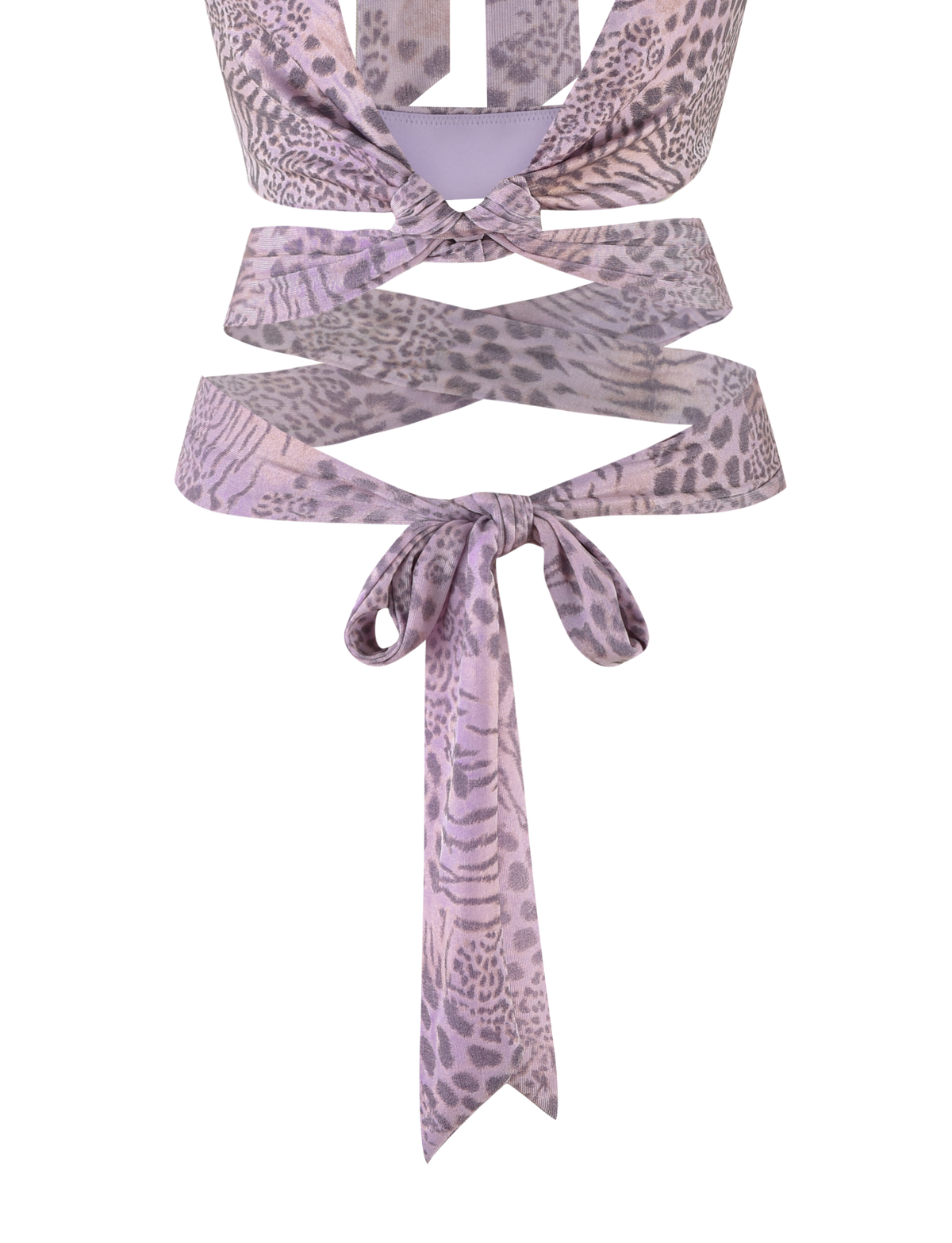 The TIGERMIST EVANGELINE TOP in Pale Pink Tiger is a cropped, sleeveless tie-up top with a subtle tiger print, front knot detail, and an extra waist tie.