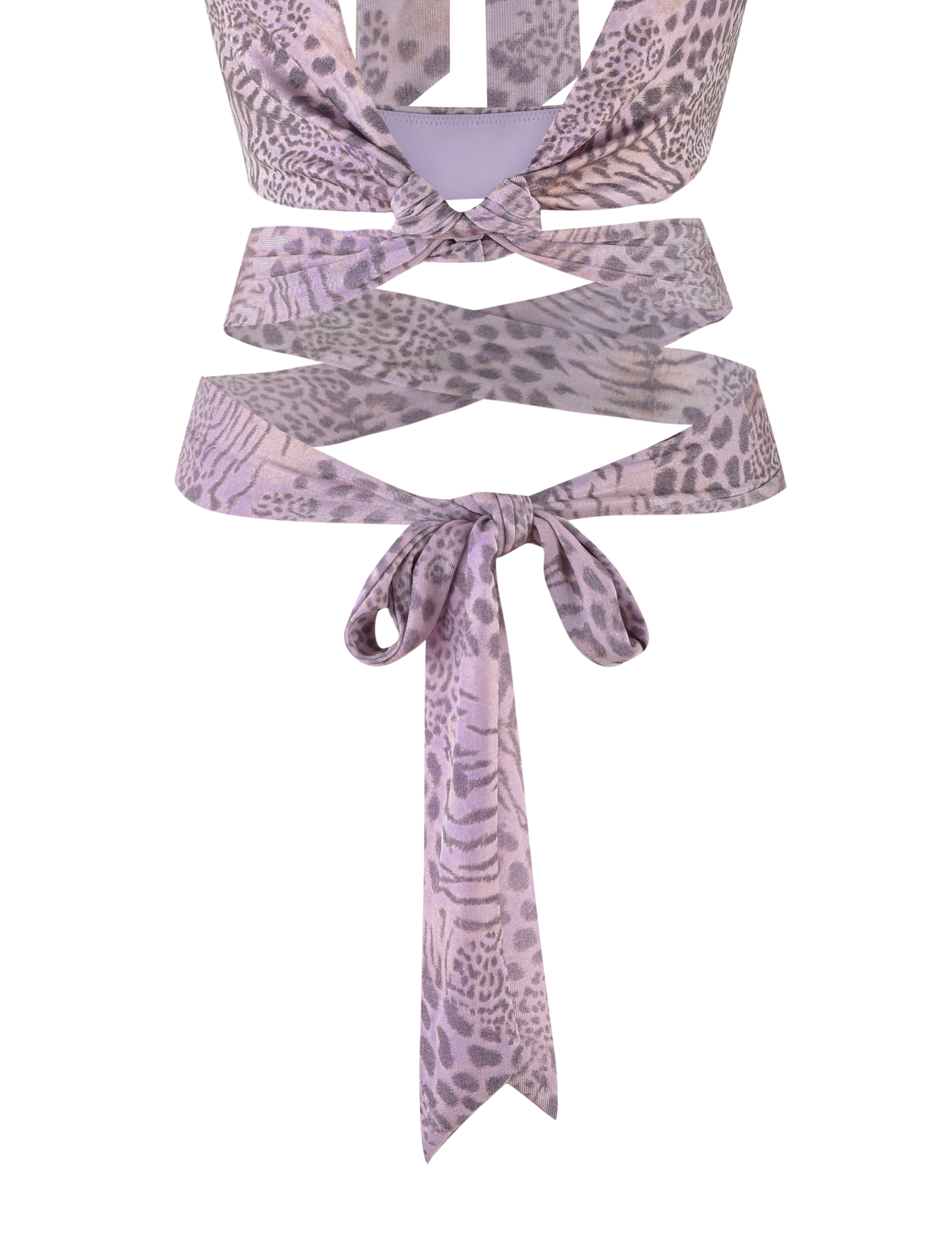 The TIGERMIST EVANGELINE TOP in Pale Pink Tiger is a cropped, sleeveless tie-up top with a subtle tiger print, front knot detail, and an extra waist tie.