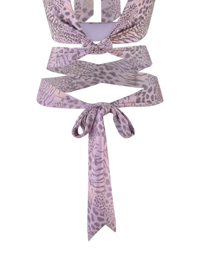 The TIGERMIST EVANGELINE TOP in Pale Pink Tiger is a cropped, sleeveless tie-up top with a subtle tiger print, front knot detail, and an extra waist tie.