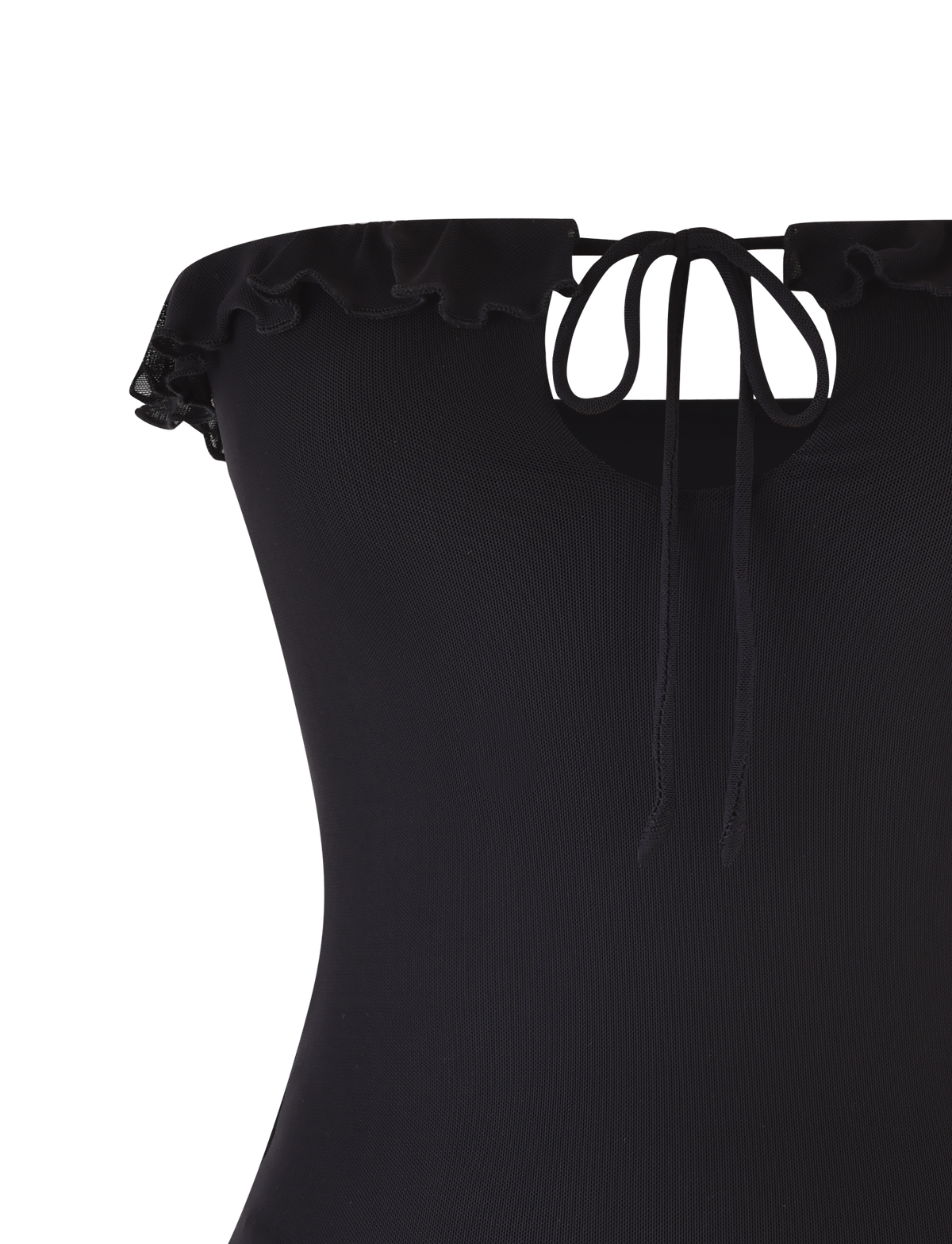 Close-up of the SIERA TOP - BLACK by TIGERMIST, featuring a strapless design with a ruffled neckline, bodycon fit, and front keyhole tie detail.