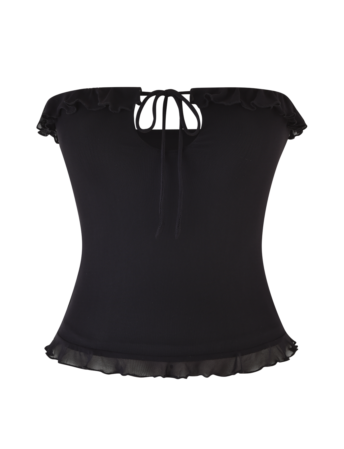 The SIERA TOP - BLACK by TIGERMIST is a strapless, off-shoulder black top with a ruffled neckline, front tie detail, sheer ruffled hem, and bodycon fit that highlights your silhouette for a chic look.