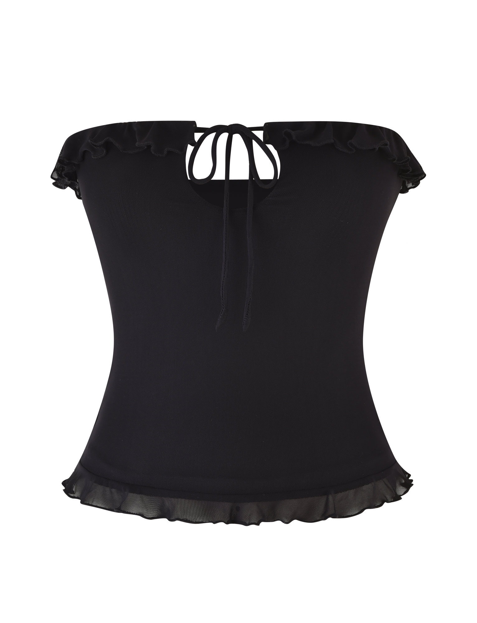 The SIERA TOP - BLACK by TIGERMIST is a strapless, off-shoulder black top with a ruffled neckline, front tie detail, sheer ruffled hem, and bodycon fit that highlights your silhouette for a chic look.