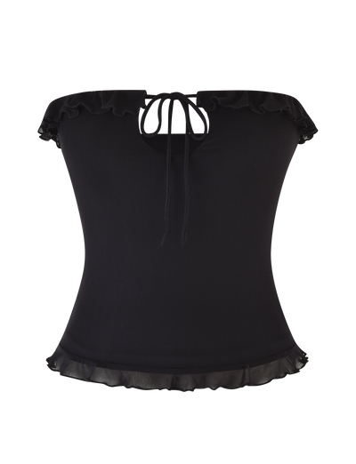 The SIERA TOP - BLACK by TIGERMIST is a strapless, off-shoulder black top with a ruffled neckline, front tie detail, sheer ruffled hem, and bodycon fit that highlights your silhouette for a chic look.