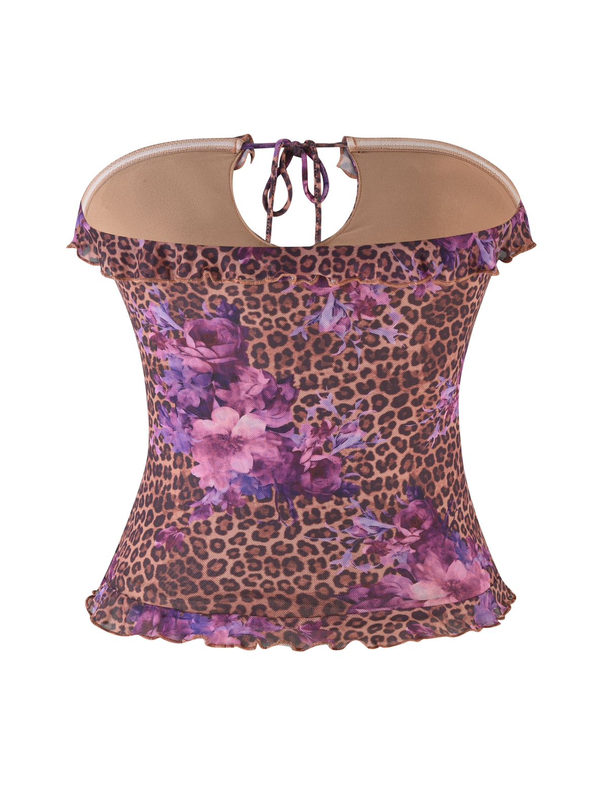 The SIERA TOP - LEOPARD FLORAL by TIGERMIST is a sleeveless bodycon top with a leopard print base, purple floral accents, tie-neck detail, and ruffled hem, shown on a white background.