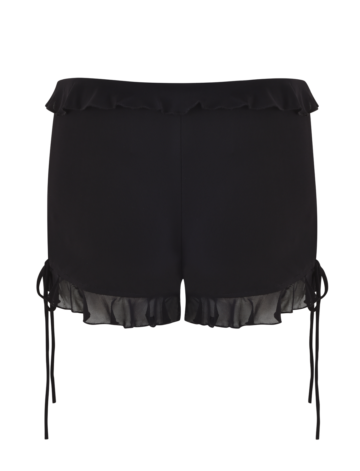 The SIERA SHORT - BLACK by TIGERMIST features high-waisted black mesh fabric, ruffled trim at the waistband and hem, and side ties. These bodycon shorts are styled for a feminine look and shown photographed from the back.