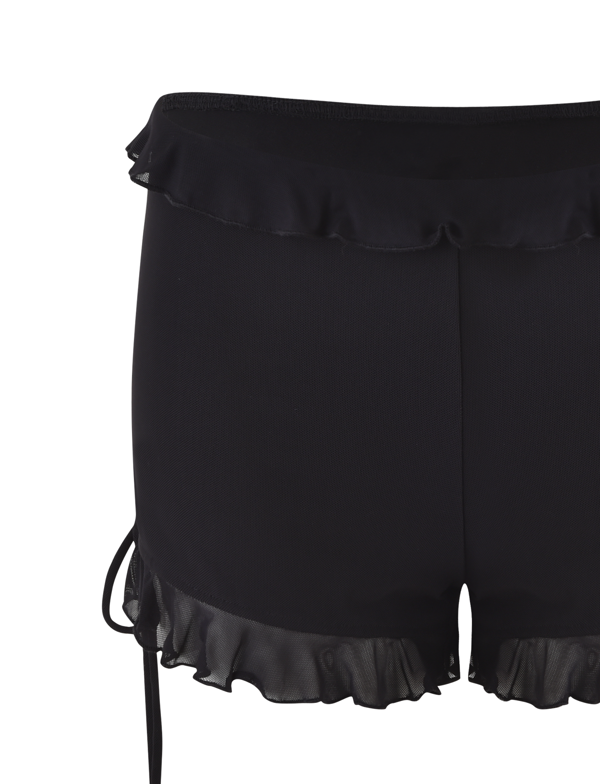 The SIERA SHORT - BLACK by TIGERMIST features black satin fabric, a ruffled waistband and hem, a front center slit, and a flattering bodycon fit.
