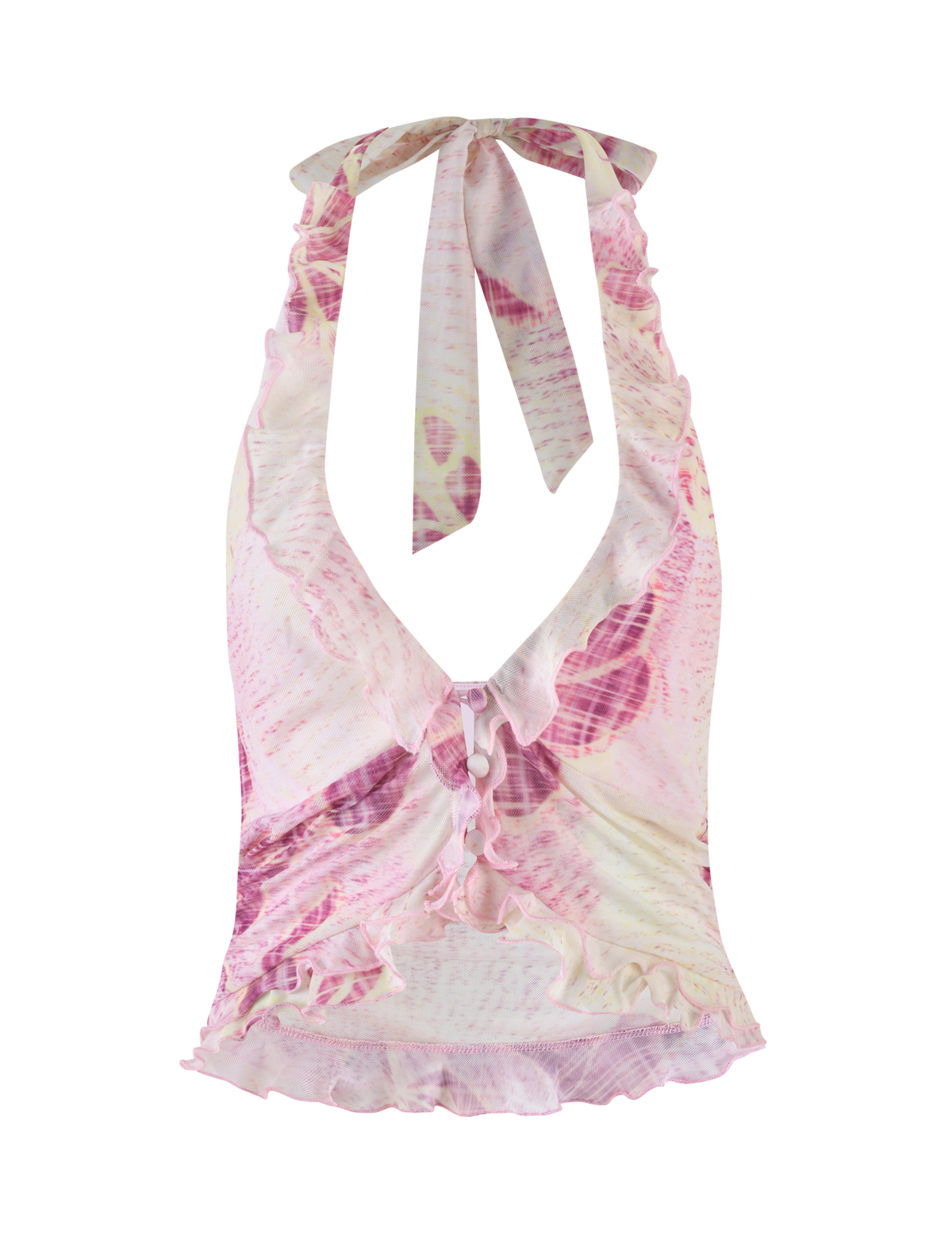 The DALILA TOP by TIGERMIST features a grunge floral magenta print, sleeveless halter design, deep V-neckline, front ruffle trim, gathered ruched center with decorative bows, and is crafted from high-stretch fabric for a flattering fit.