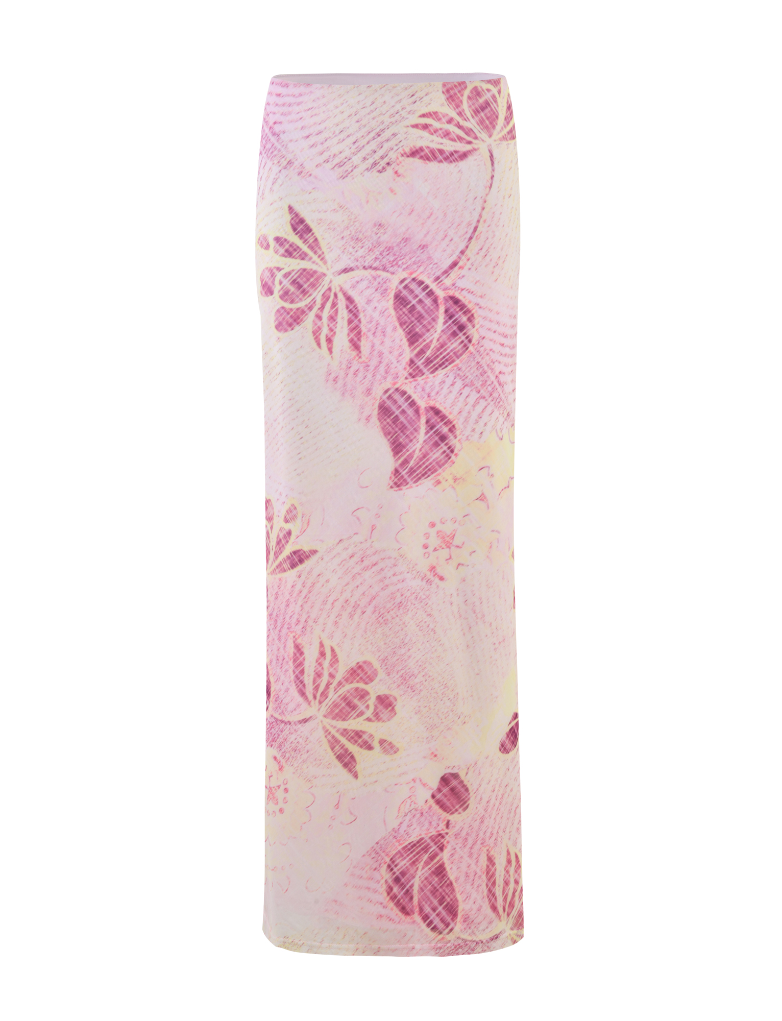 The DALILA MIDI SKIRT by TIGERMIST features a high-waisted, fitted silhouette with a magenta and purple abstract floral print on a light background.