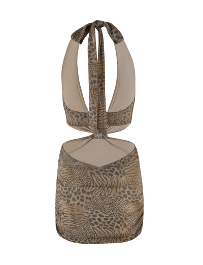 Back view of the EVANGELINE MINI DRESS by TIGERMIST in neutral tiger print, featuring a halter neckline, deep plunge, back cutout, and neck tie closure.