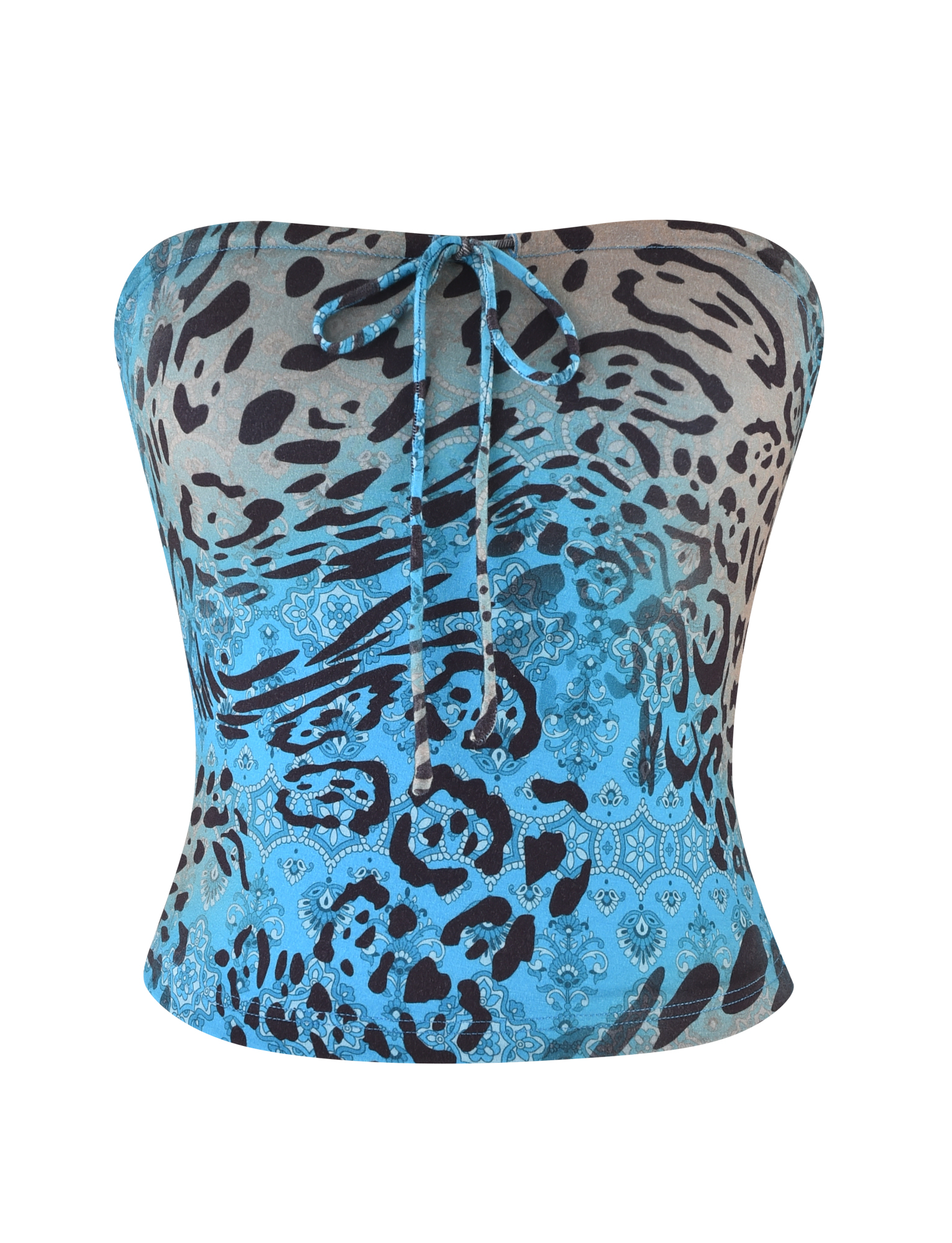 The TIGERMIST MIRELY TOP - MULTI : LEOPARD : LEOPARD SWIRL is a strapless bandeau in an exclusive blue leopard print, crafted from buttery jersey with a center front tie detail.