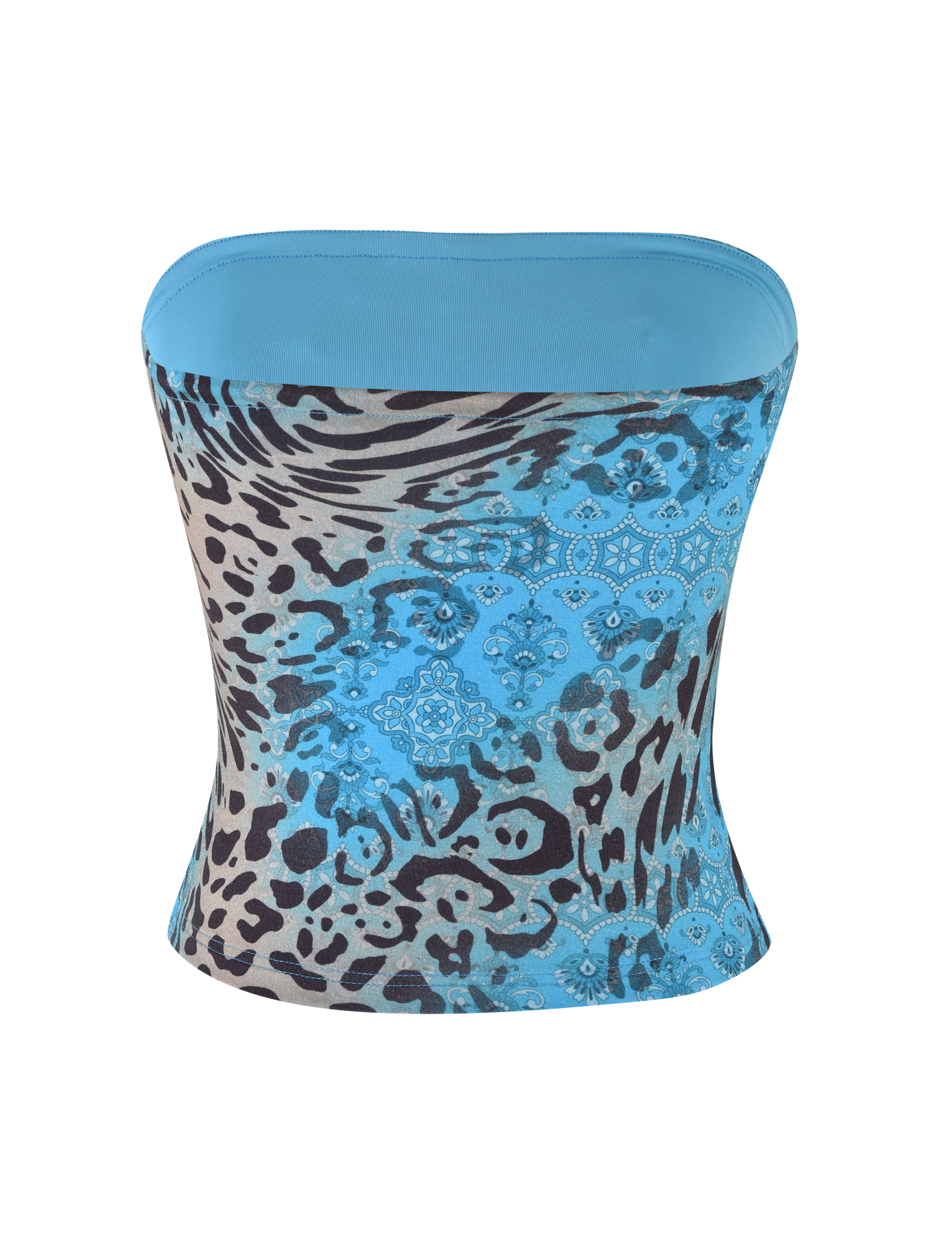 The TIGERMIST MIRELY TOP - MULTI : LEOPARD : LEOPARD SWIRL is a strapless, form-fitting bandeau in buttery jersey with an exclusive mixed animal and paisley print, shown on a plain white background.