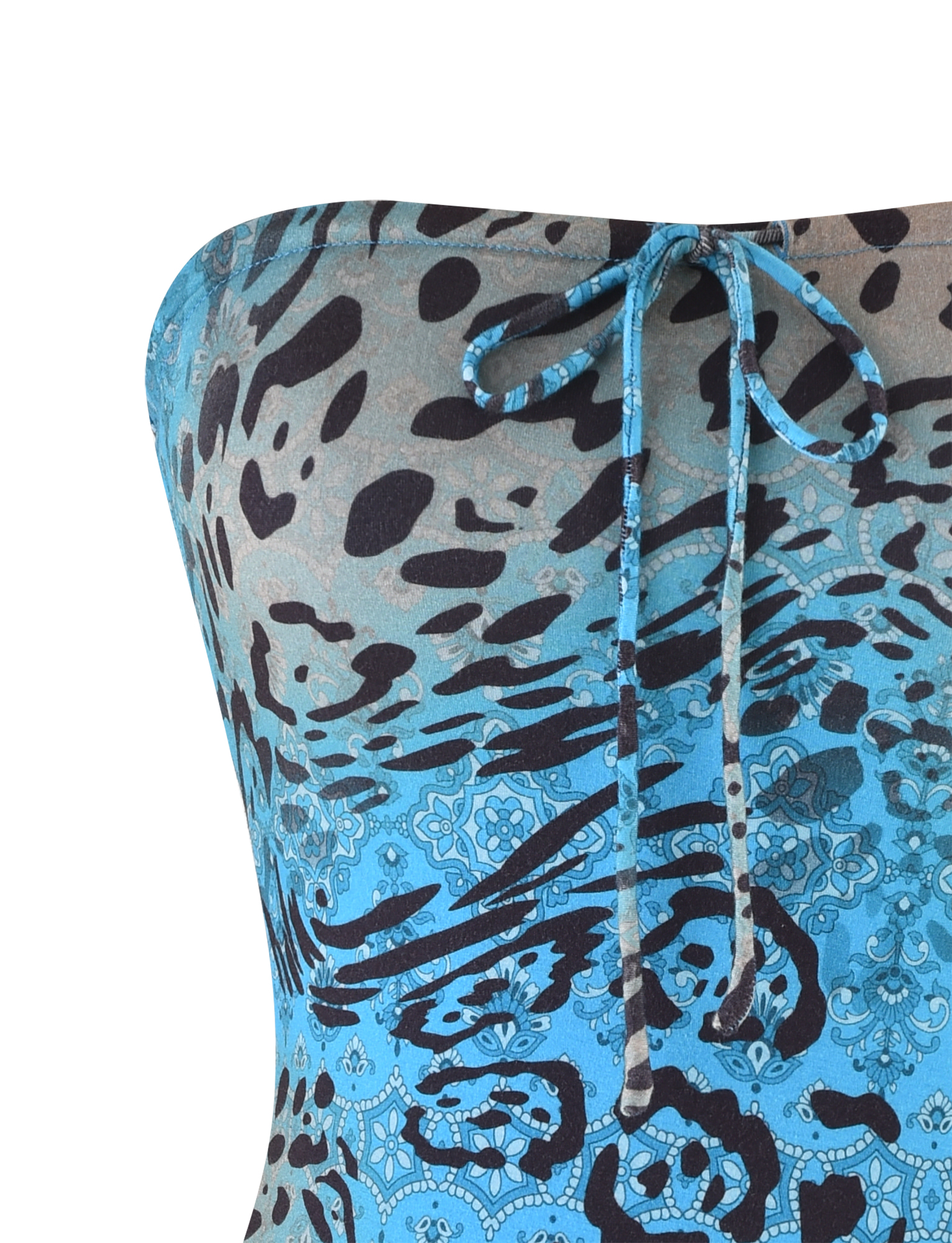 Close-up of the TIGERMIST MIRELY TOP - MULTI : LEOPARD : LEOPARD SWIRL in buttery jersey, featuring a blue, black, and gray abstract leopard print and a small bow tie at the center front.