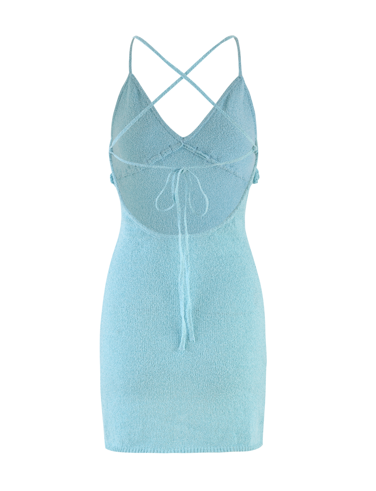 The LAVELLE MINI DRESS by TIGERMIST is a light blue, sleeveless mini dress with a bodycon fit, crisscross spaghetti straps, low open back with tie details, and soft textured knit fabric.