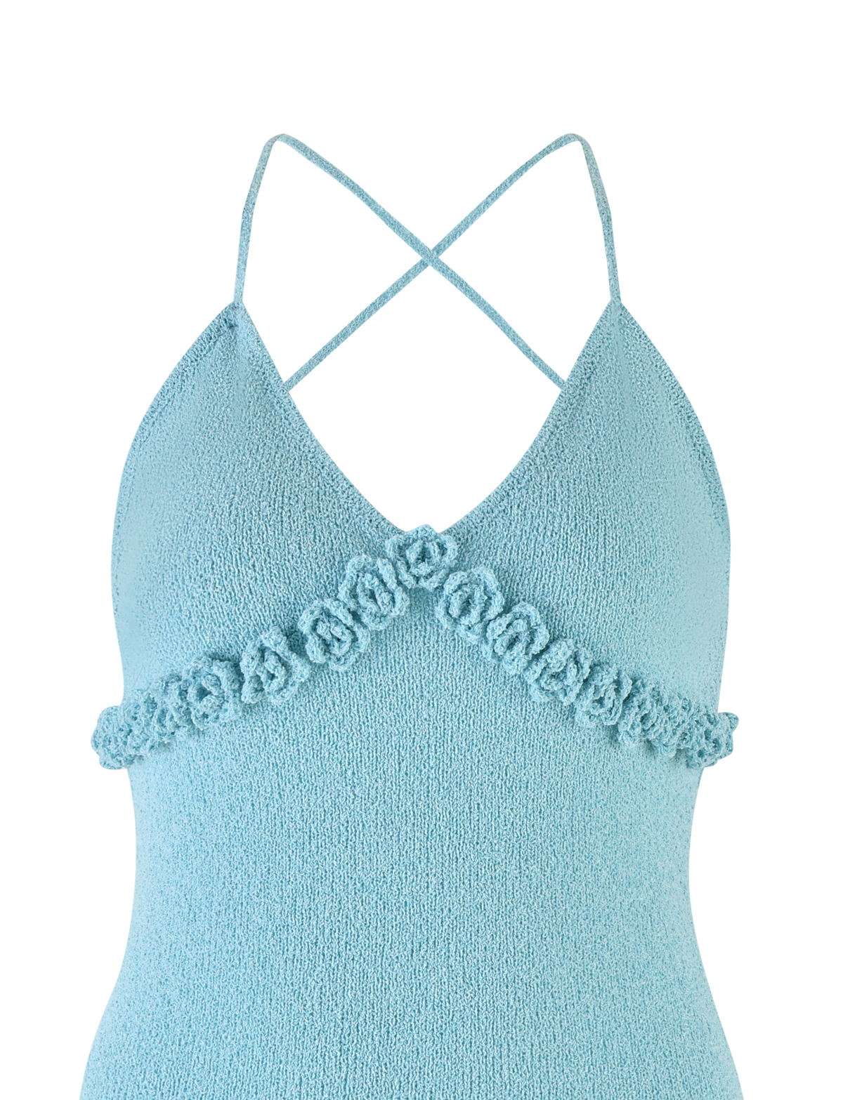 The LAVELLE MINI DRESS by TIGERMIST is a light blue, textured, bodycon mini dress with thin crisscross straps, V-neckline, and decorative fabric roses below the bust for a feminine touch. This charming knit dress features an open back.
