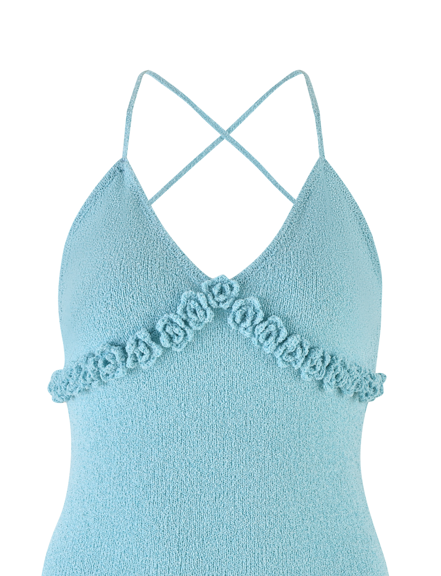 The LAVELLE MINI DRESS by TIGERMIST is a light blue, textured, bodycon mini dress with thin crisscross straps, V-neckline, and decorative fabric roses below the bust for a feminine touch. This charming knit dress features an open back.