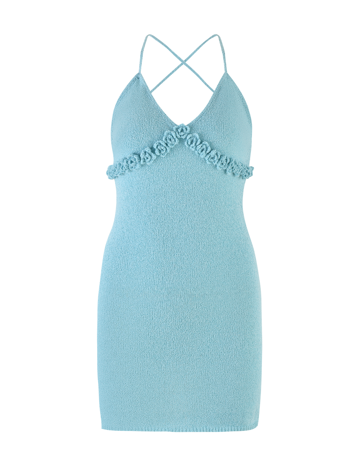The TIGERMIST LAVELLE MINI DRESS - BLUE is a light blue, sleeveless bodycon mini with a deep V-neck, crisscross back straps, floral embellishments under the bust, and a textured knit for a playful yet chic backless style.