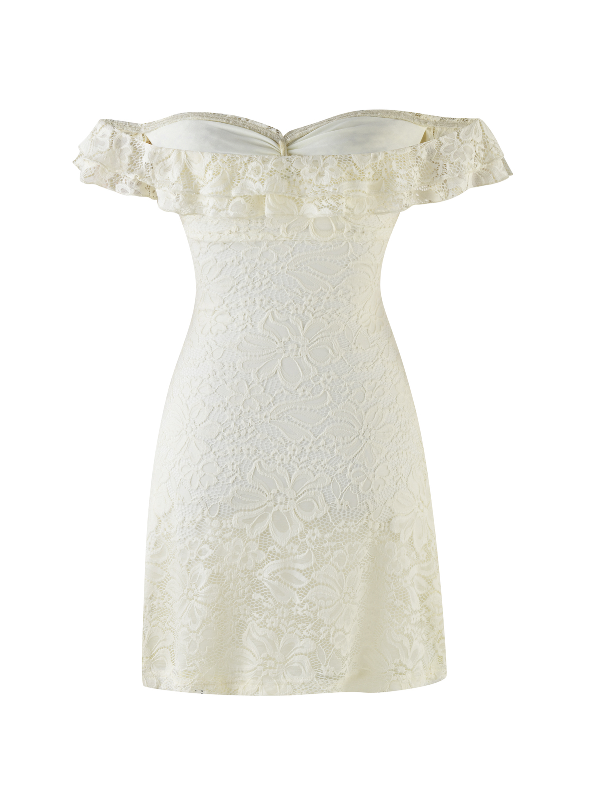 The DENALI LACE MINI DRESS by TIGERMIST features cream floral lace, an off-shoulder design, fitted silhouette, and ruffled trim at the neckline and sleeves for a delicate, elegant look.