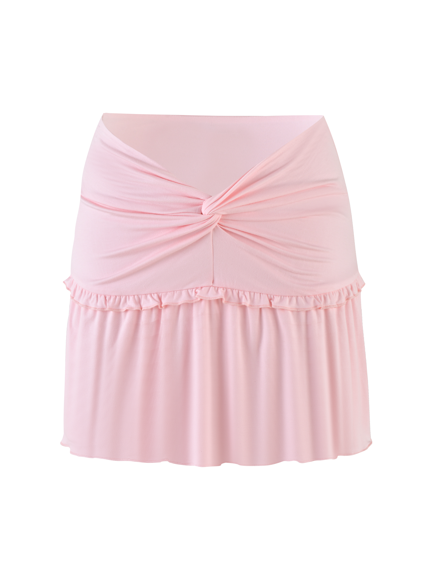 The KATYA MINI SKIRT by TIGERMIST is a pale pink mini skirt made from soft, stretchy jersey, featuring a twisted waist knot and ruffled seam for a flared look.